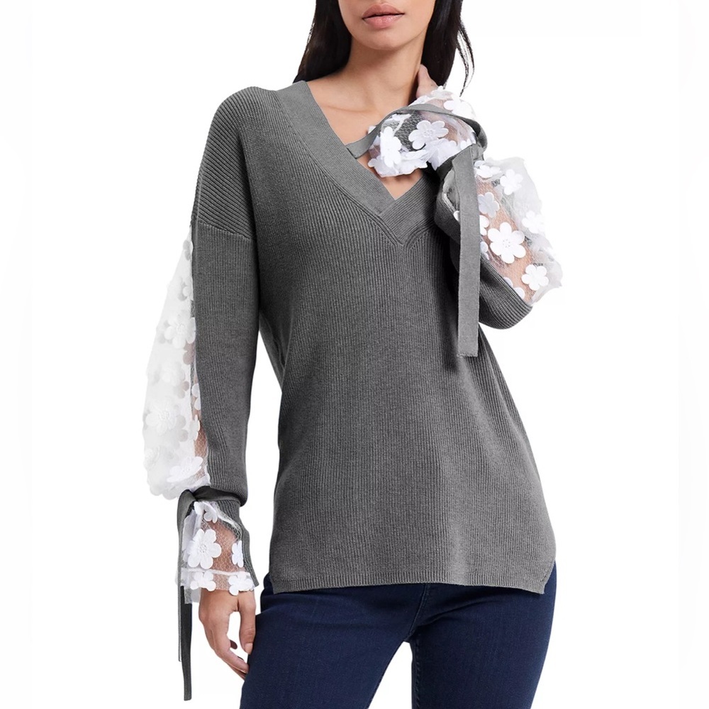 French Connection Caballo Floral Lace Sleeve Sweater